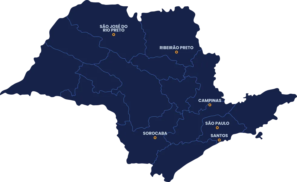 Mapa do estado de São Paulo com as regiões de atuação da Top People
